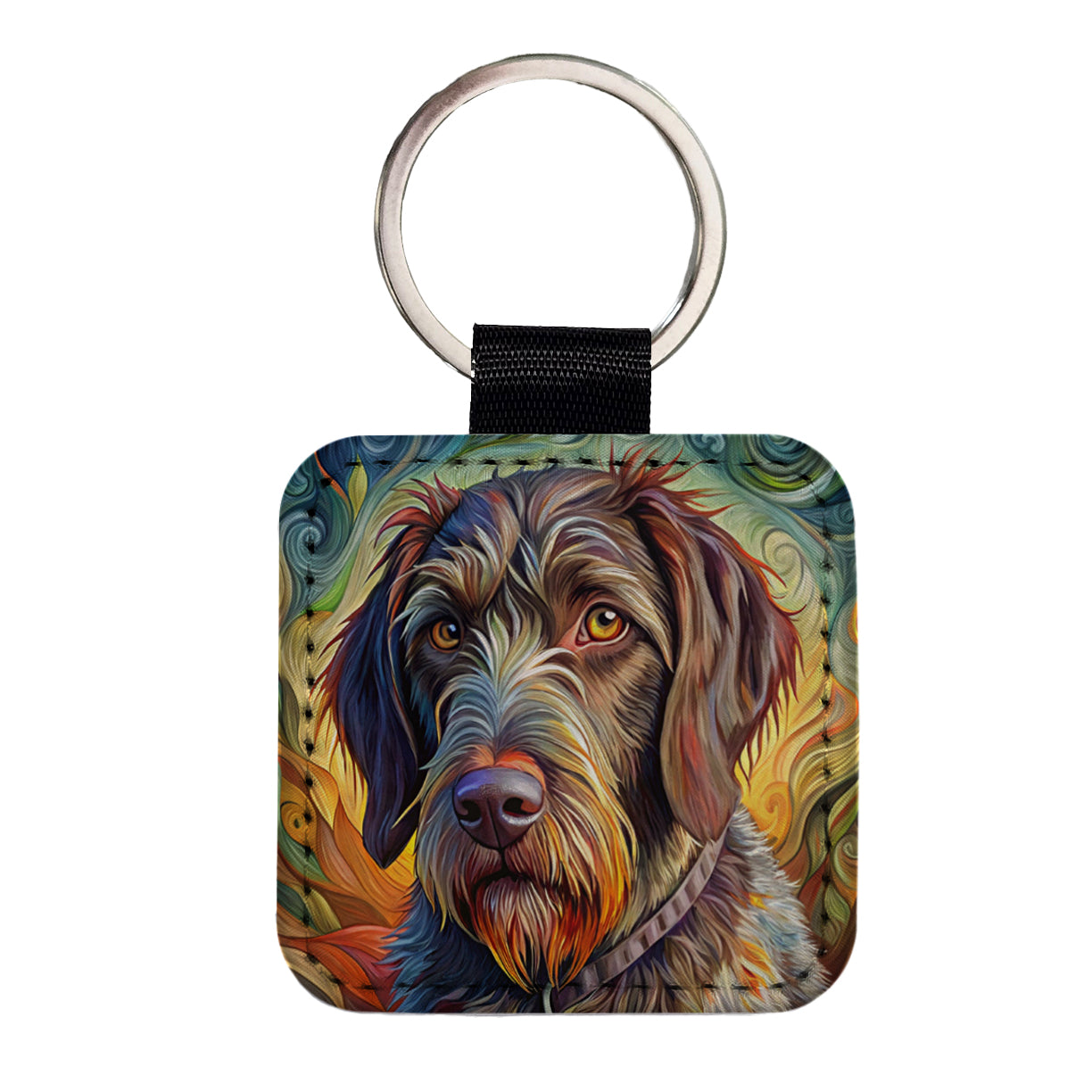 German Wirehaired Pointer Dog Abstract Art Square Faux Leather Keychain