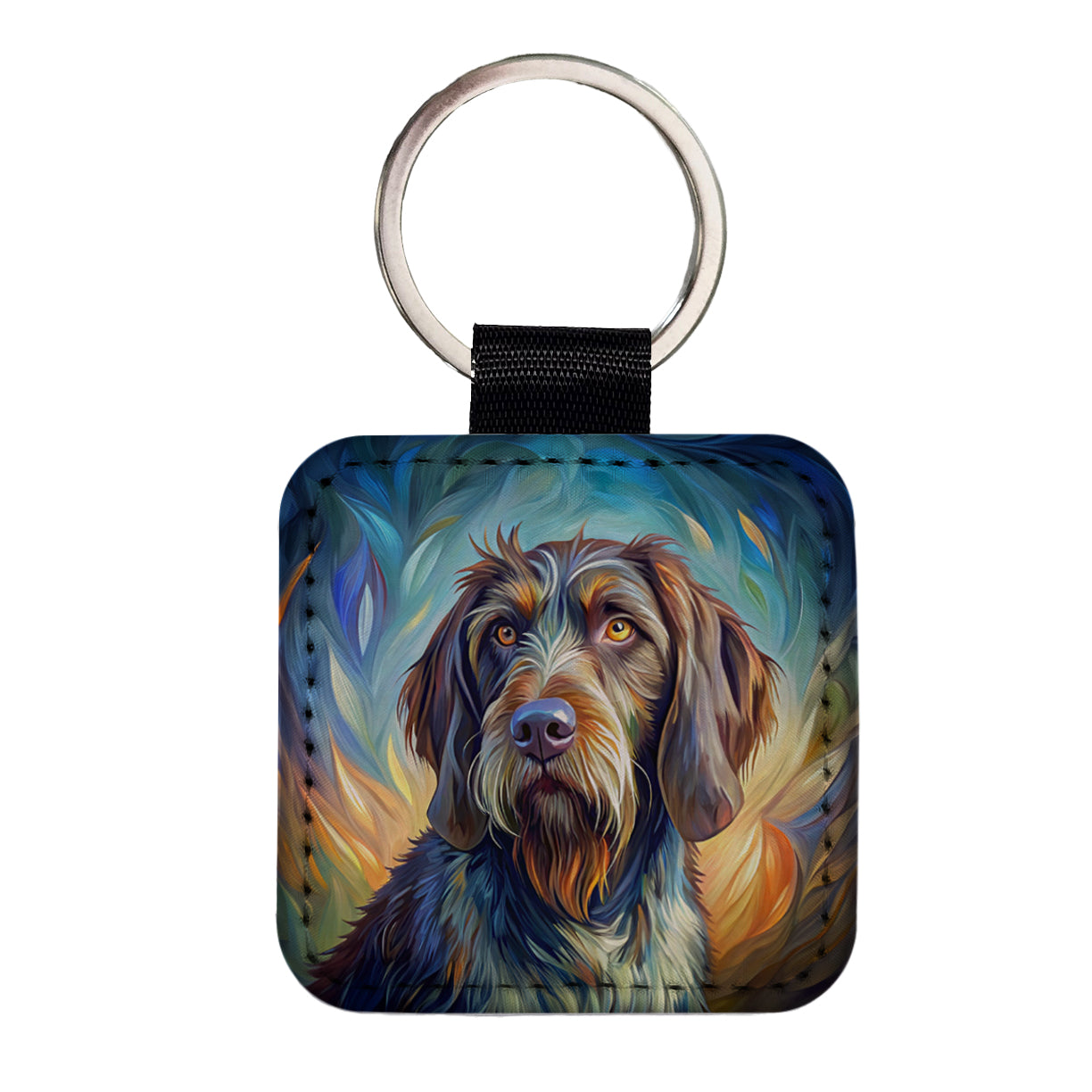 German Wirehaired Pointer Dog Expressionism Art Square Faux Leather Keychain