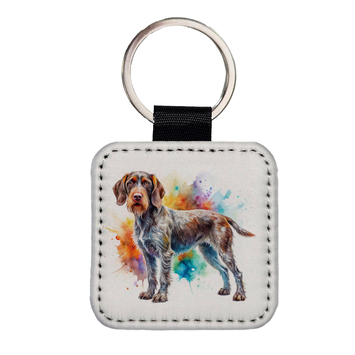 German Wirehaired Pointer Dog Watercolor Style Square Faux Leather Keychain