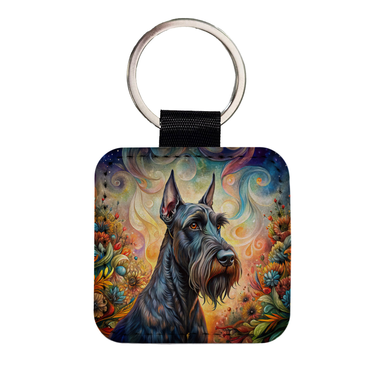 Giant Schnauzer Dog Bohemian Art Square Faux Leather Keychain