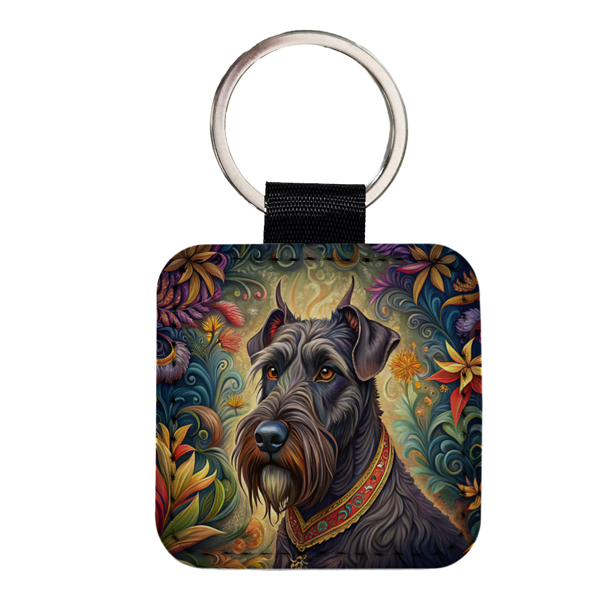 Giant Schnauzer Dog French Bohemian Art Square Faux Leather Keychain