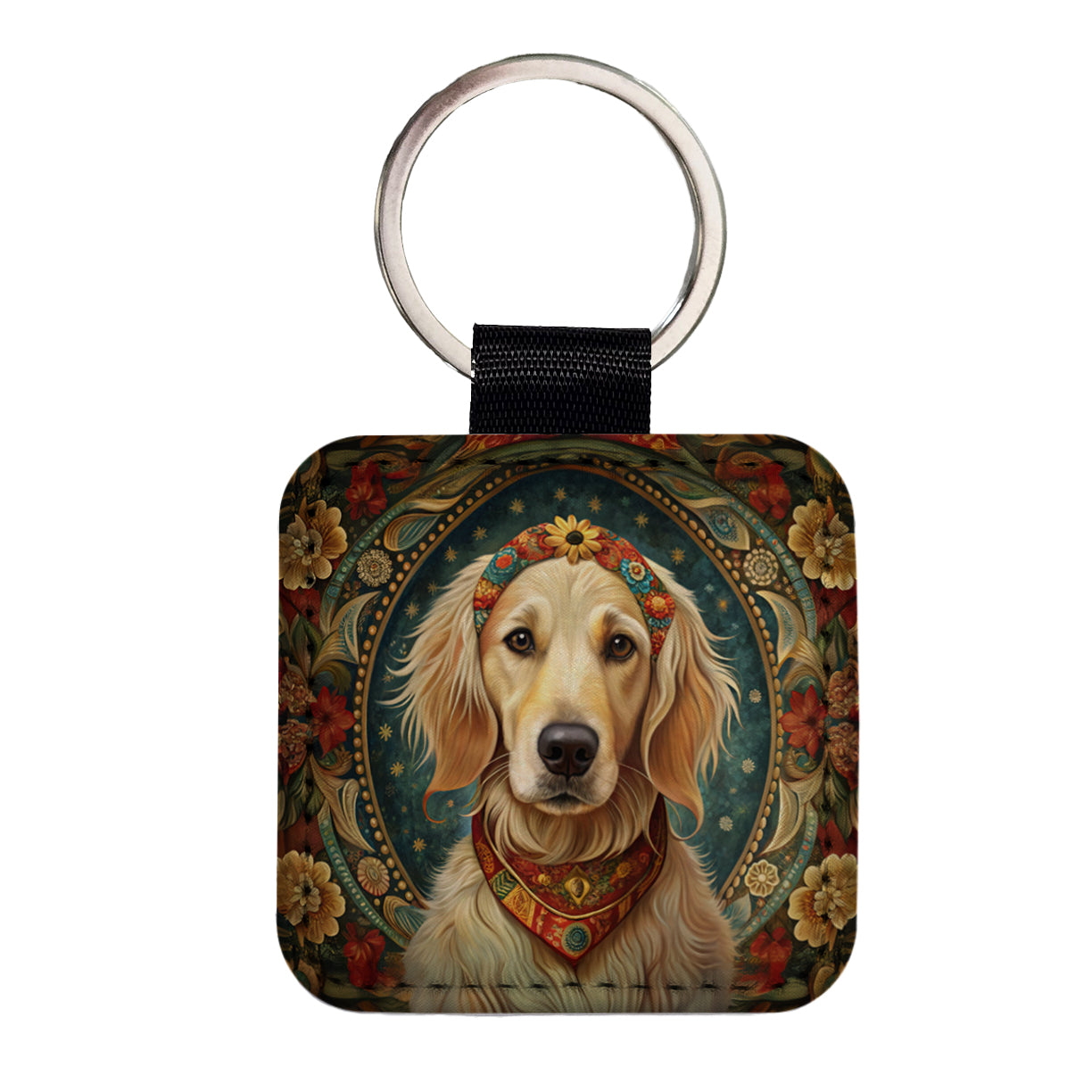 Golden Retriever Dog French Bohemian Art Square Faux Leather Keychain