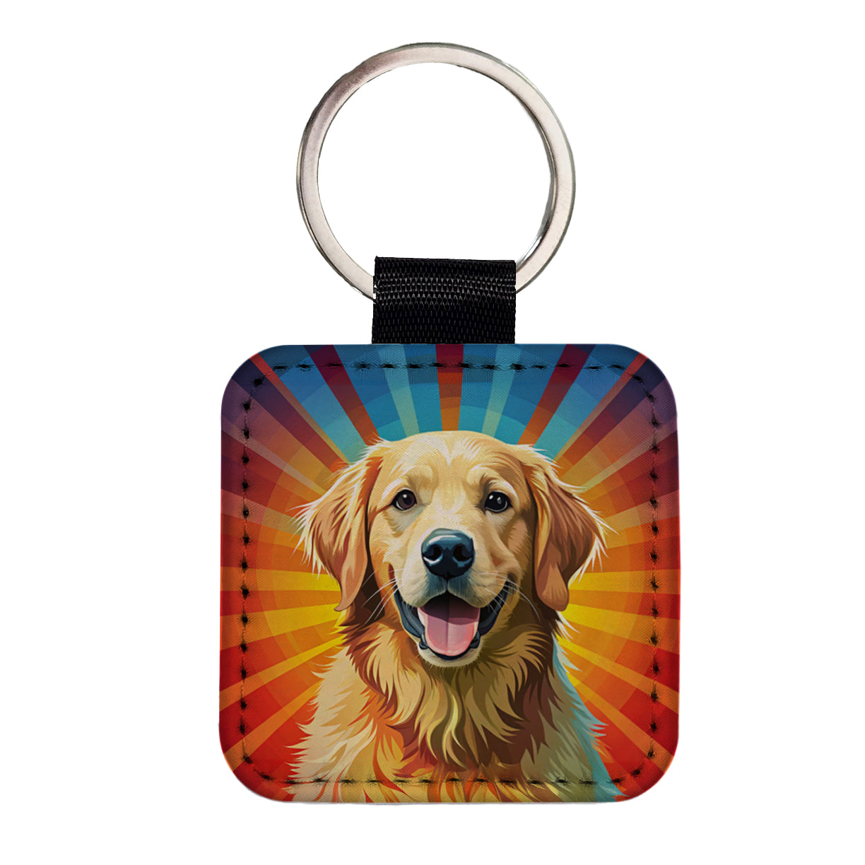 Golden Retriever Dog Pop Art Square Faux Leather Keychain