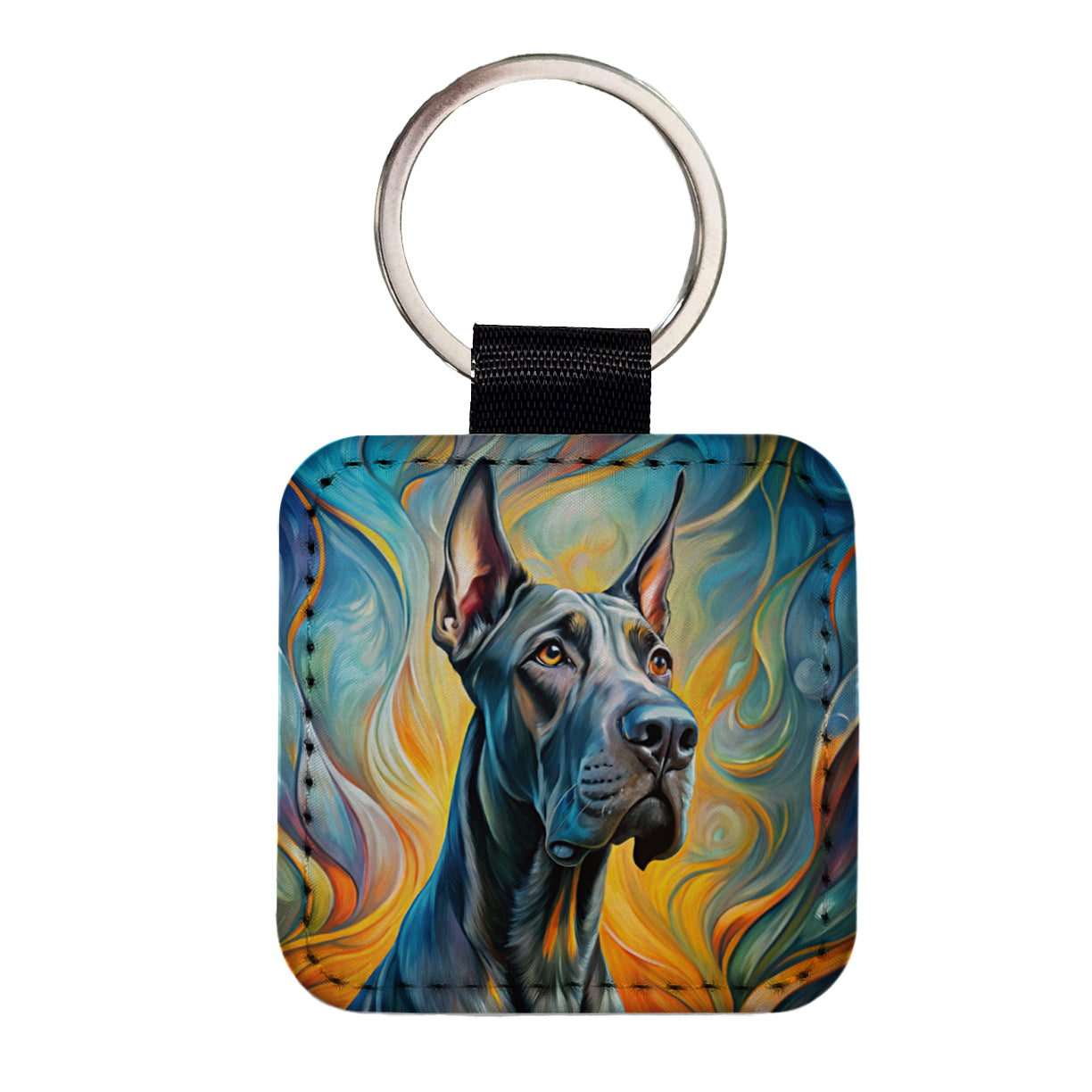Great Dane Dog Abstract Art Square Faux Leather Keychain