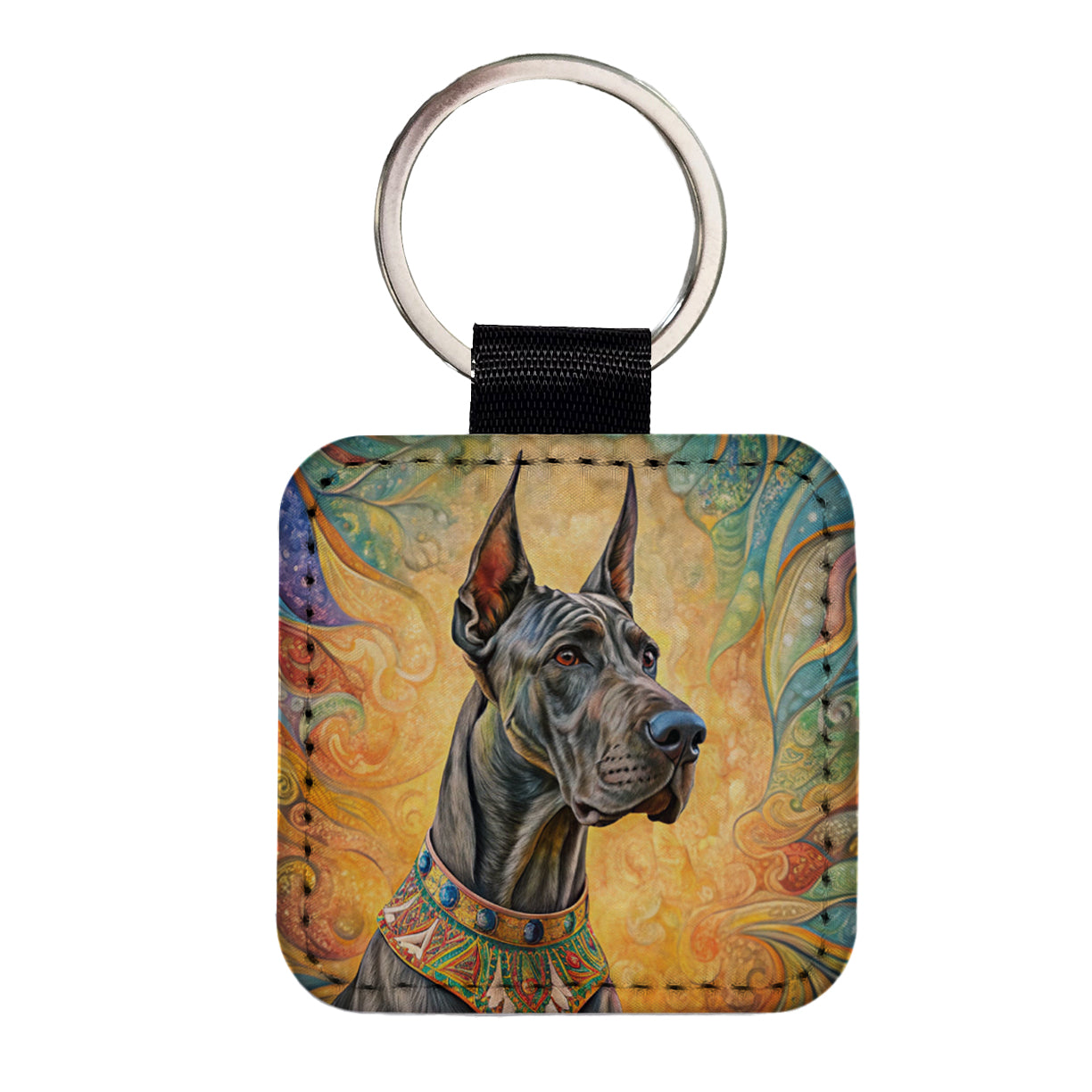 Great Dane Dog Bohemian Art Square Faux Leather Keychain