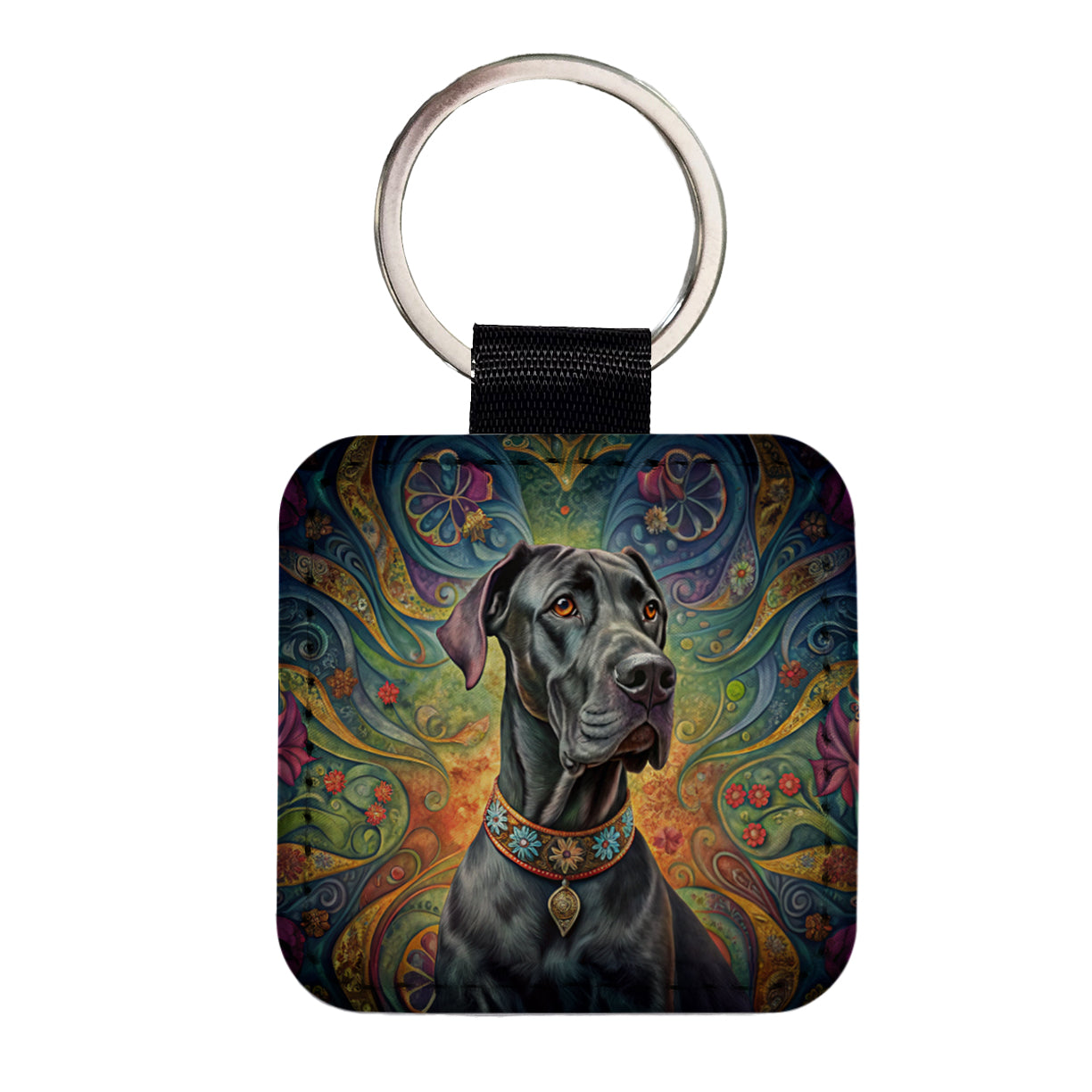 Great Dane Dog French Bohemian Art Square Faux Leather Keychain