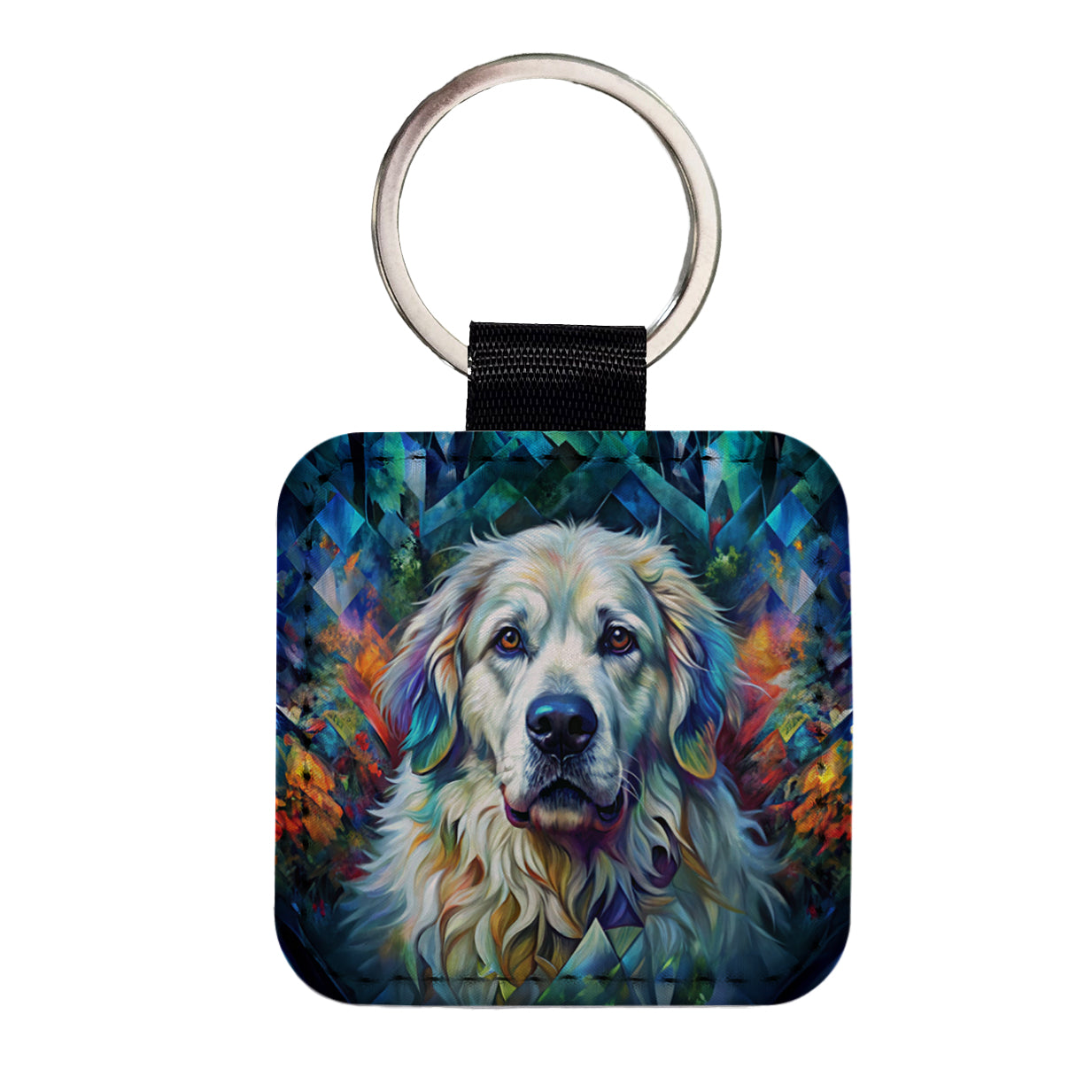 Great Pyrenees Dog Abstract Art Square Faux Leather Keychain