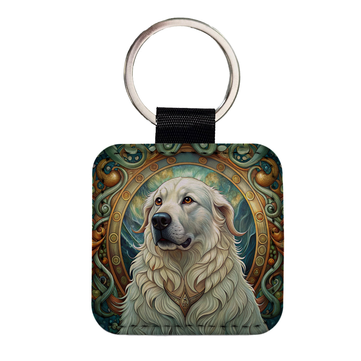 Great Pyrenees Dog Art Nouveau Square Faux Leather Keychain