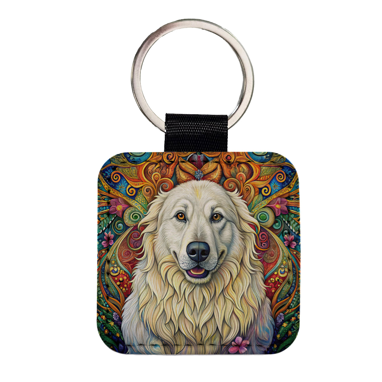 Great Pyrenees Dog Bohemian Art Square Faux Leather Keychain