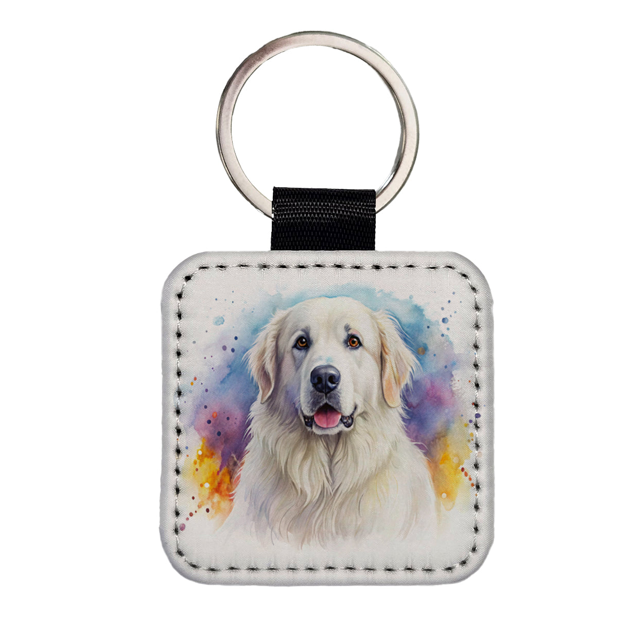 Great Pyrenees Dog Watercolor Style Square Faux Leather Keychain