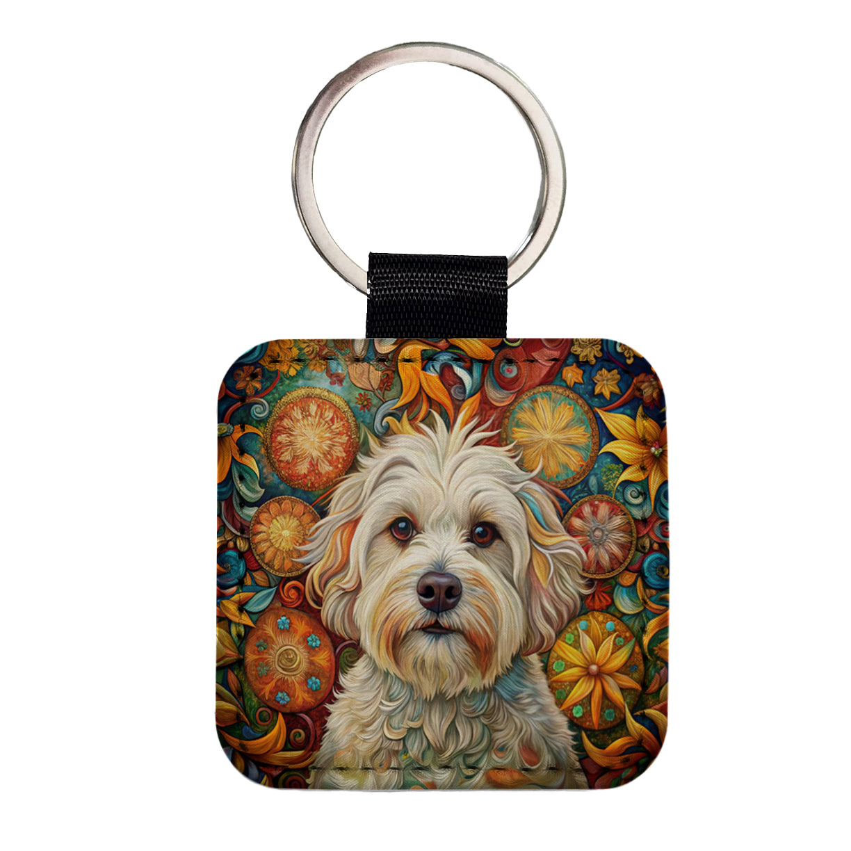 Havanese Dog Bohemian Art Square Faux Leather Keychain