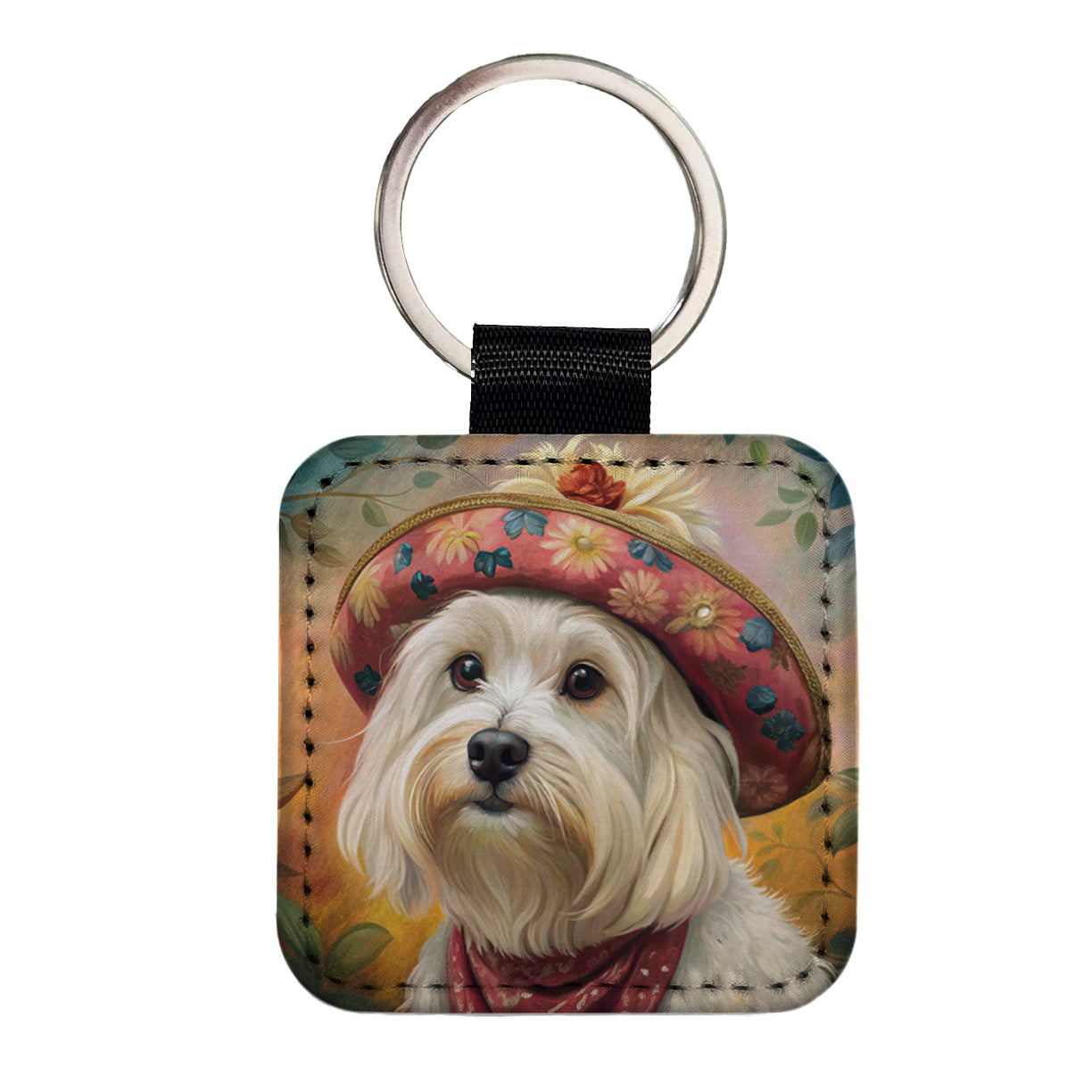 Maltese Dog French Bohemian Art Square Faux Leather Keychain
