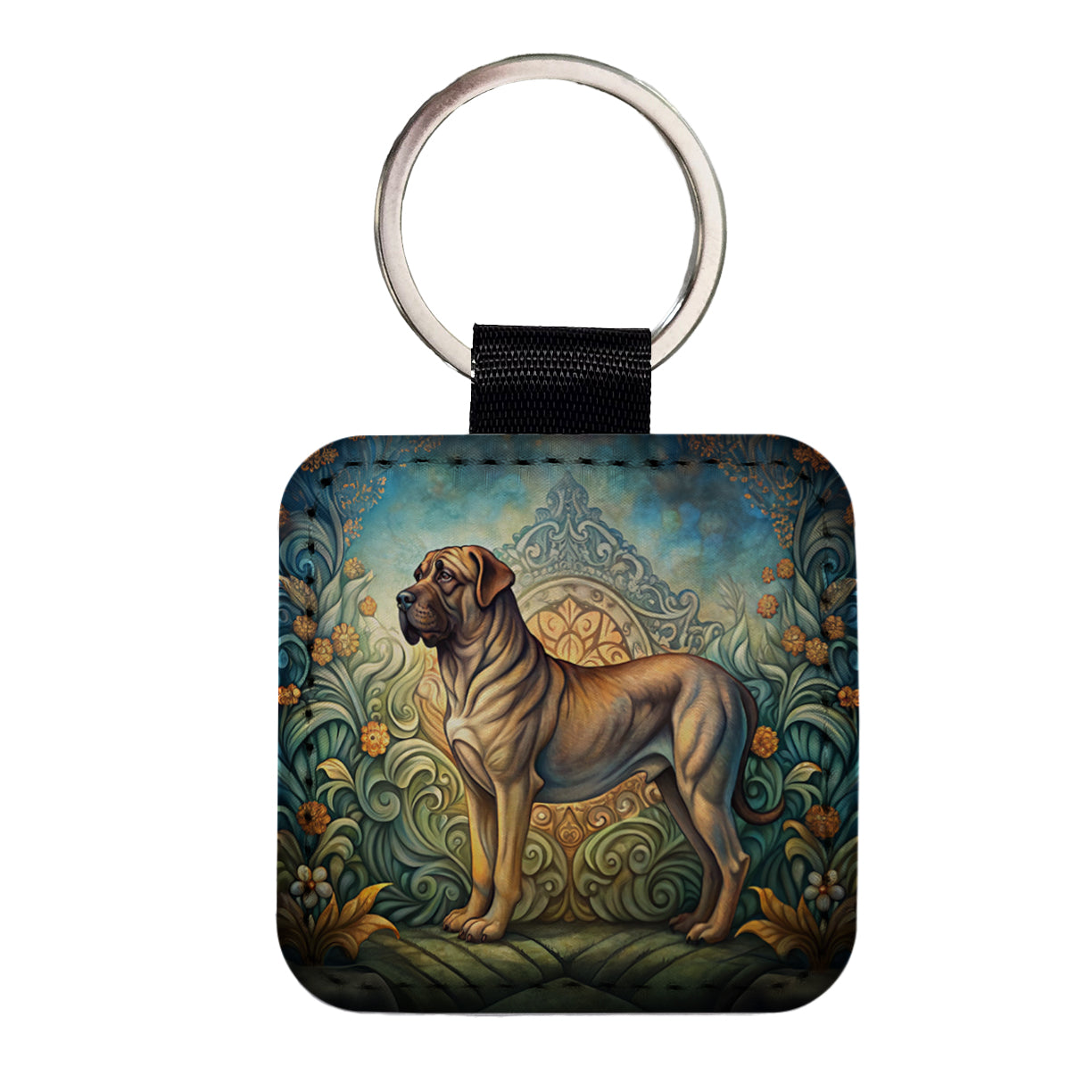 Mastiff Dog Art Nouveau Square Faux Leather Keychain