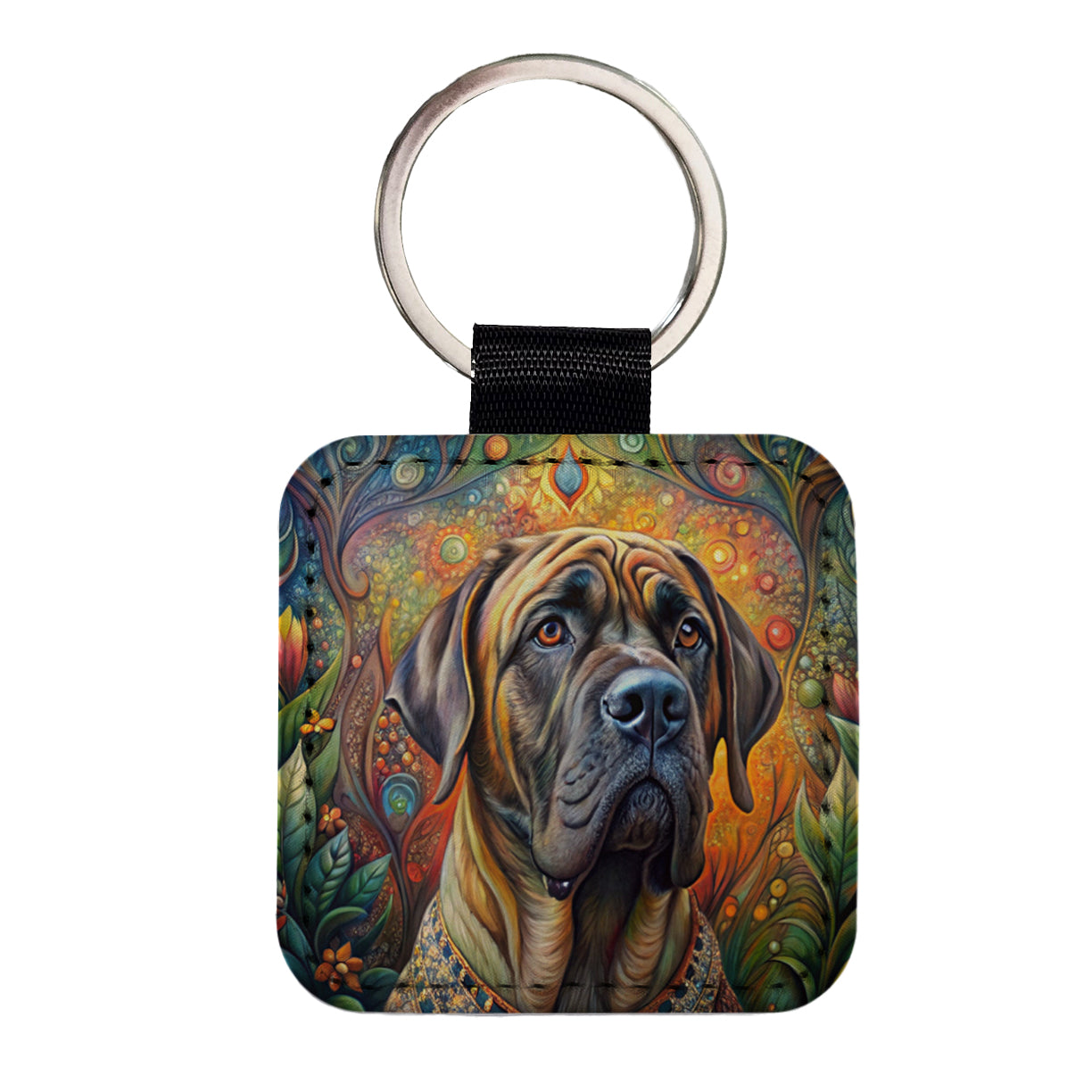 Mastiff Dog Bohemian Art Square Faux Leather Keychain