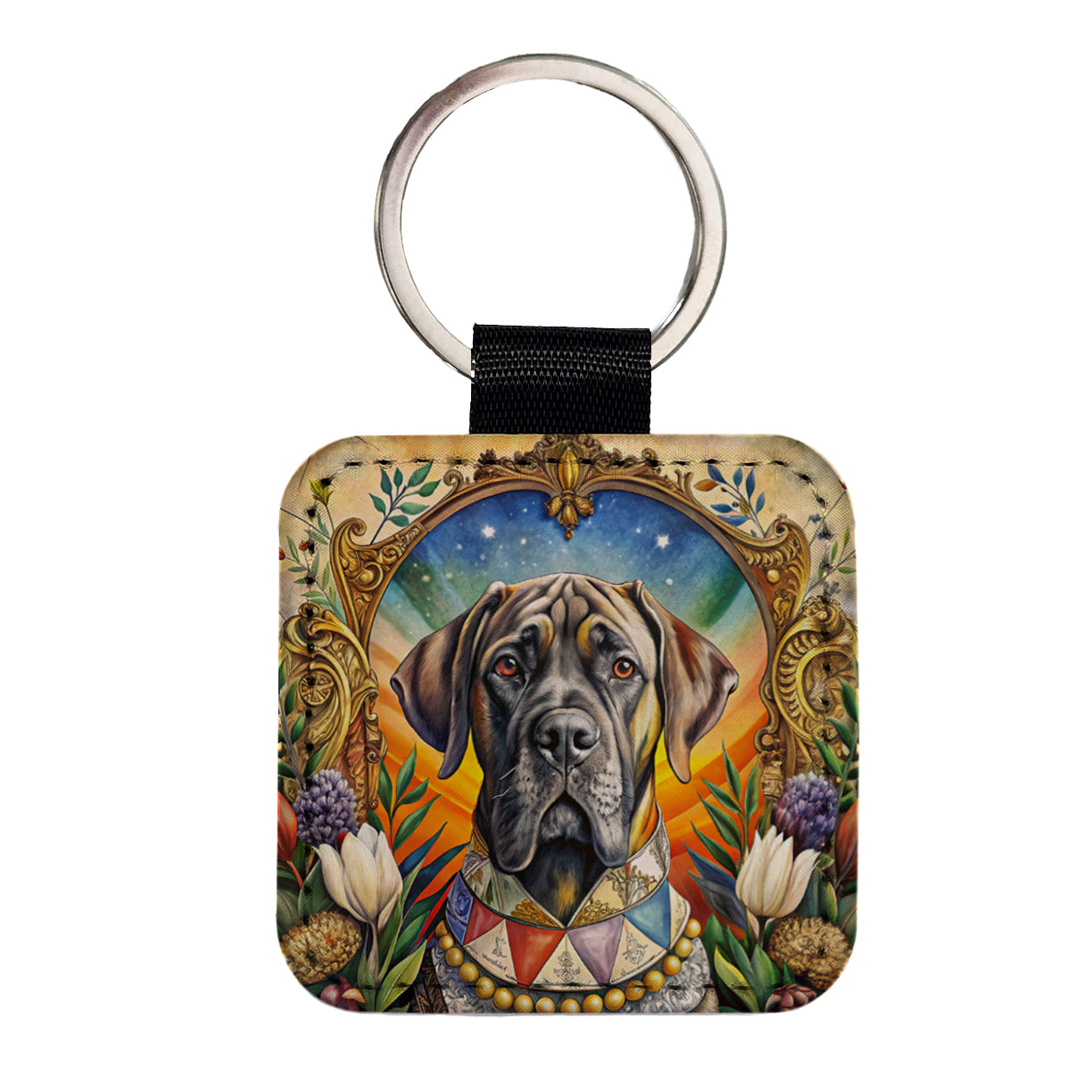 Mastiff Dog French Bohemian Art Square Faux Leather Keychain