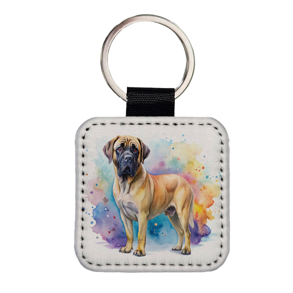 Mastiff Dog Watercolor Style Square Faux Leather Keychain