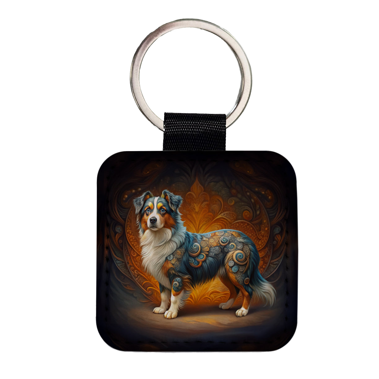 Miniature American Shepherd Dog Art Nouveau Square Faux Leather Keychain