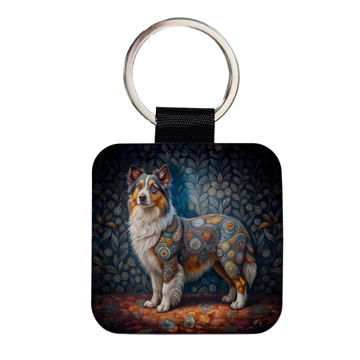 Miniature American Shepherd Dog French Bohemian Art Square Faux Leather Keychain