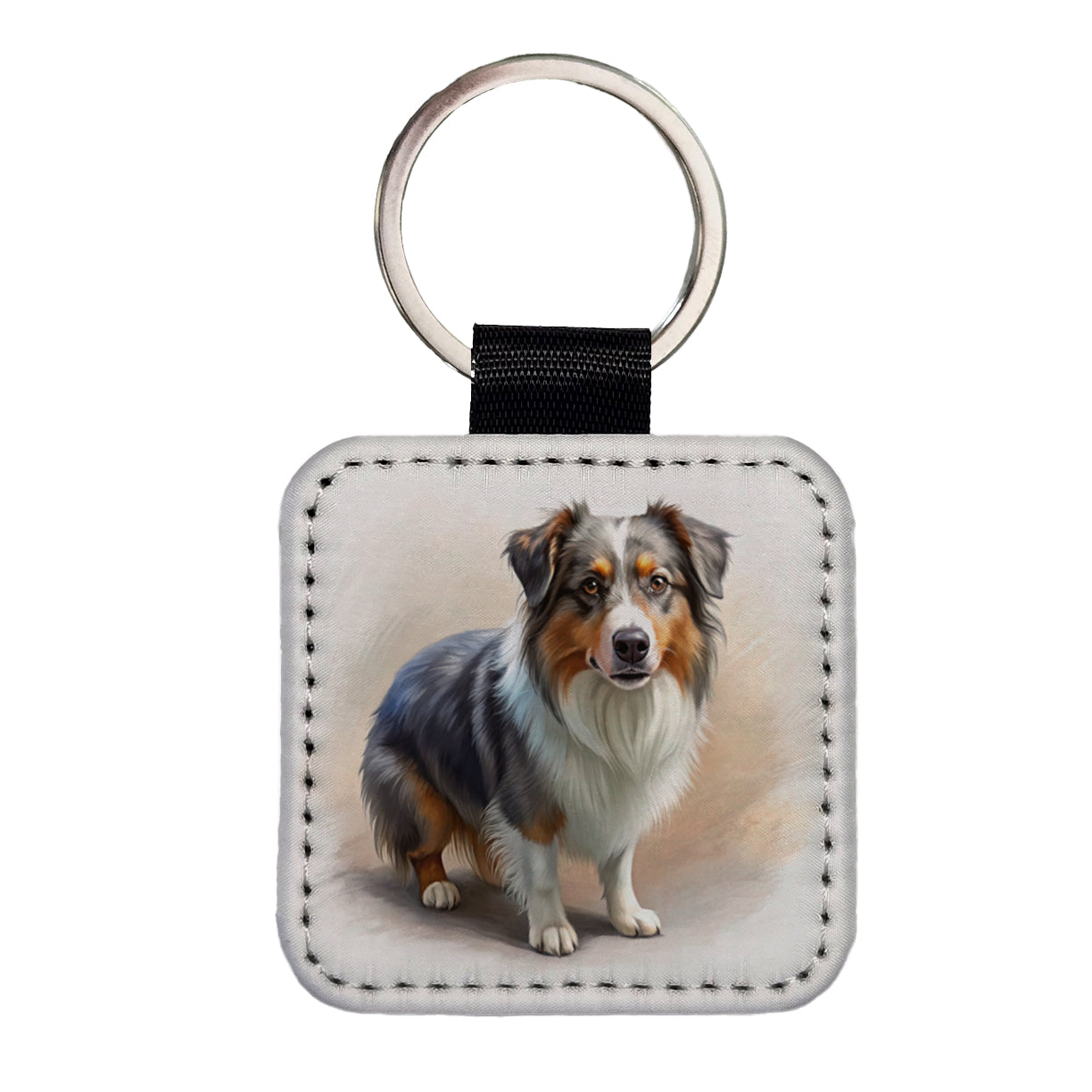 Miniature American Shepherd Dog Illustration Square Faux Leather Keychain