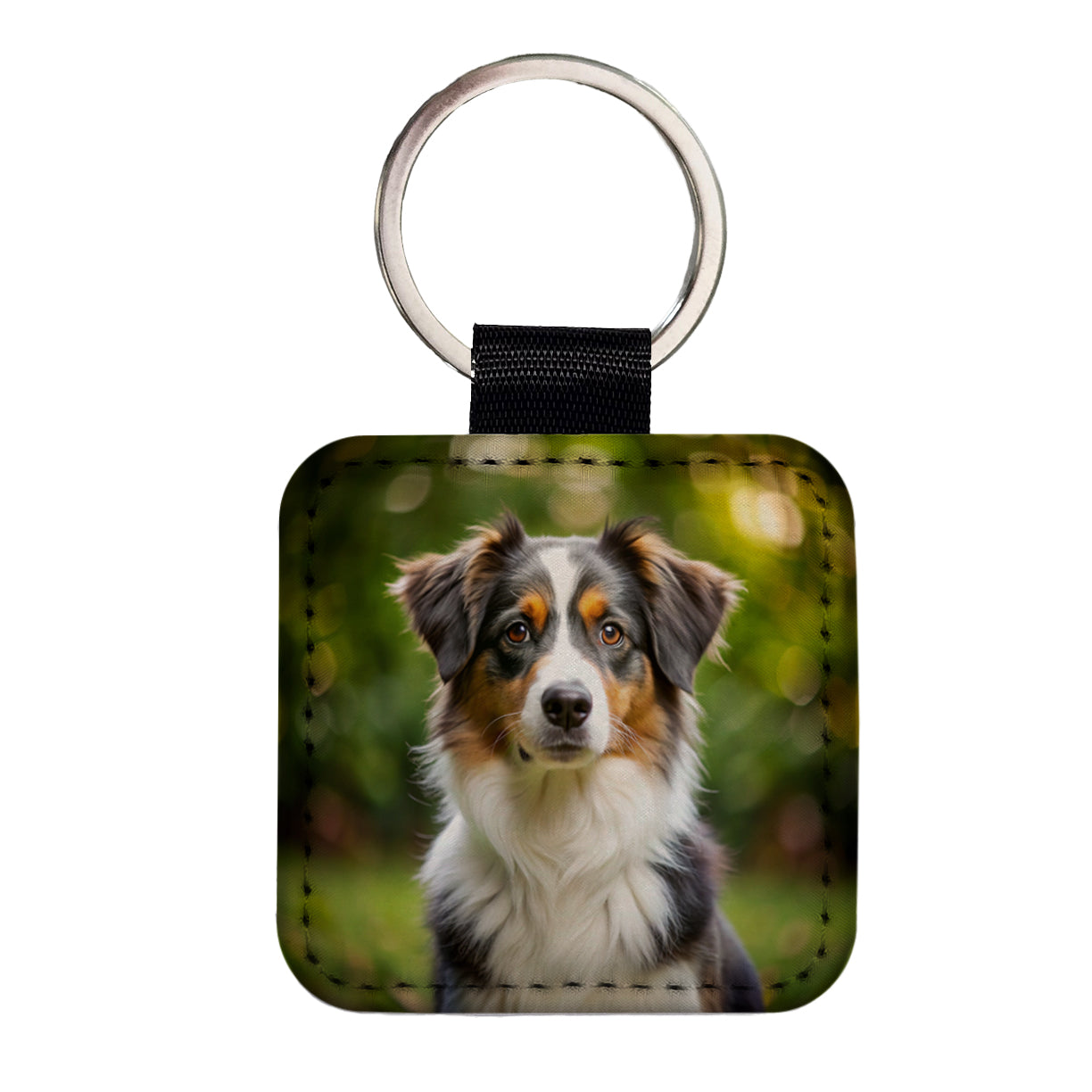 Miniature American Shepherd Dog Photo Square Faux Leather Keychain
