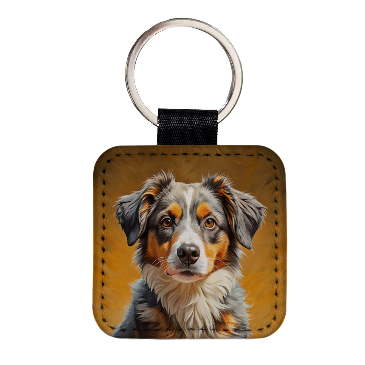 Miniature American Shepherd Dog Pop Art Square Faux Leather Keychain