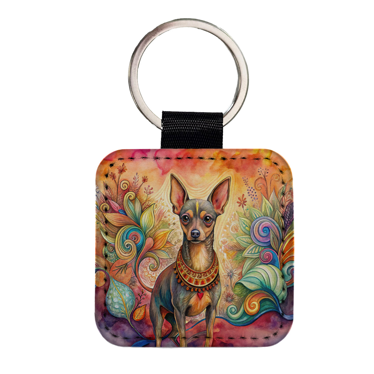 Miniature Pinscher Dog Bohemian Art Square Faux Leather Keychain