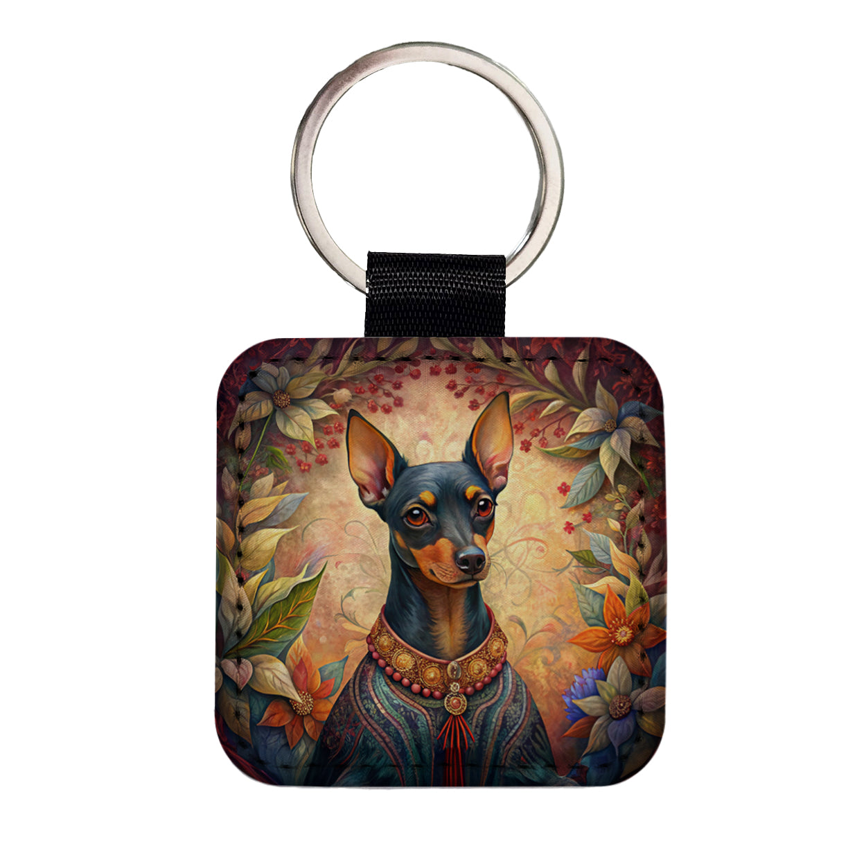 Miniature Pinscher Dog French Bohemian Art Square Faux Leather Keychain