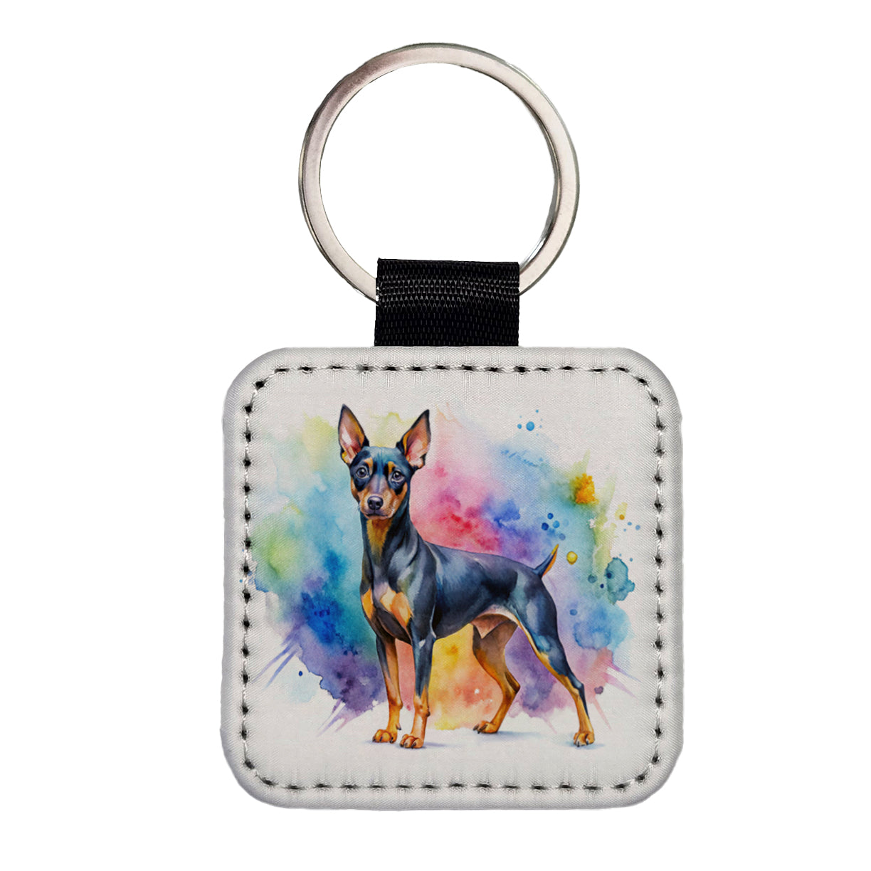 Miniature Pinscher Dog Watercolor Style Square Faux Leather Keychain