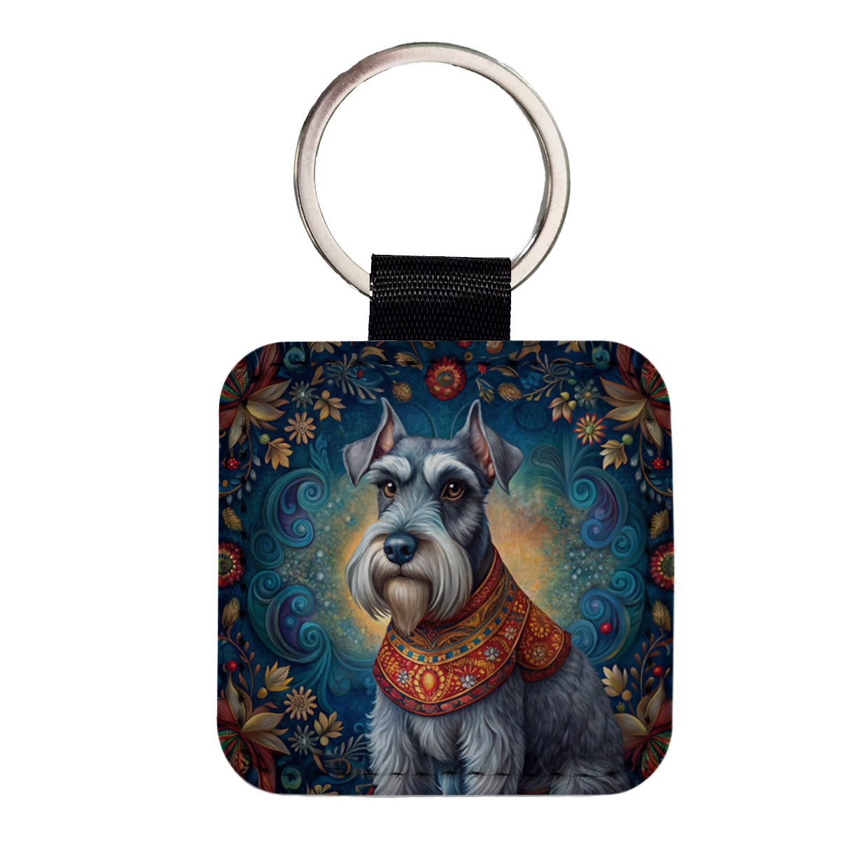 Miniature Schnauzer Dog French Bohemian Art Square Faux Leather Keychain