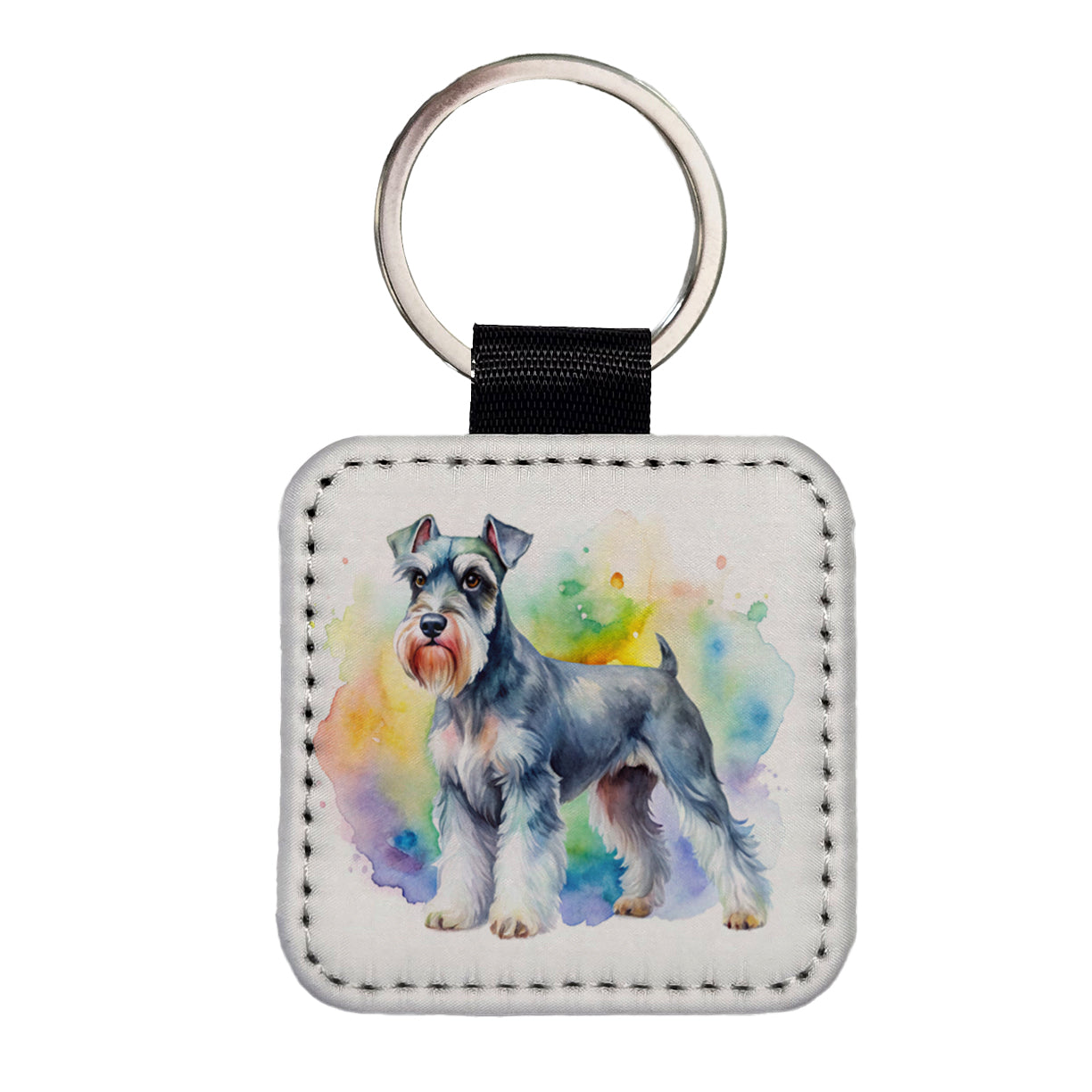 Miniature Schnauzer Dog Watercolor Style Square Faux Leather Keychain
