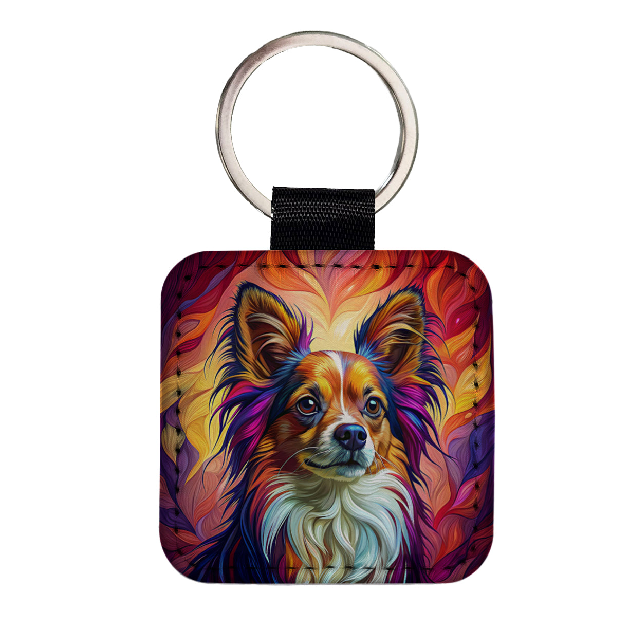 Papillion Dog Pop Art Square Faux Leather Keychain