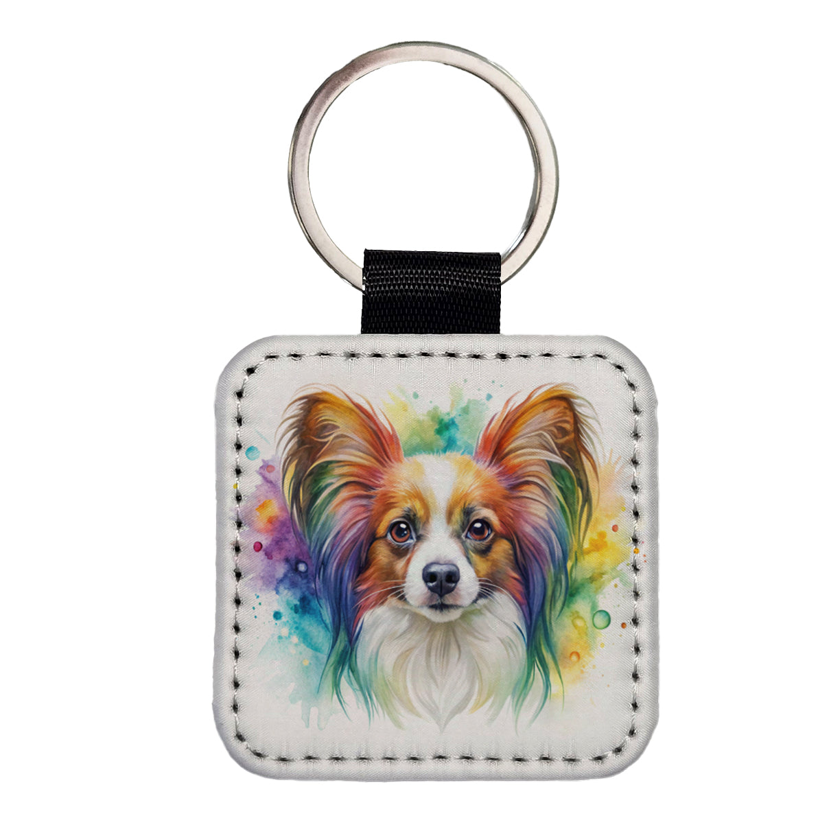 Papillion Dog Watercolor Style Square Faux Leather Keychain