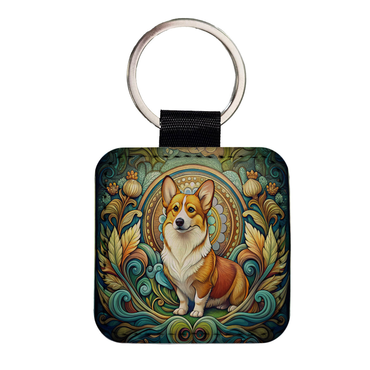Pembroke Welsh Corgi Dog Art Nouveau Square Faux Leather Keychain