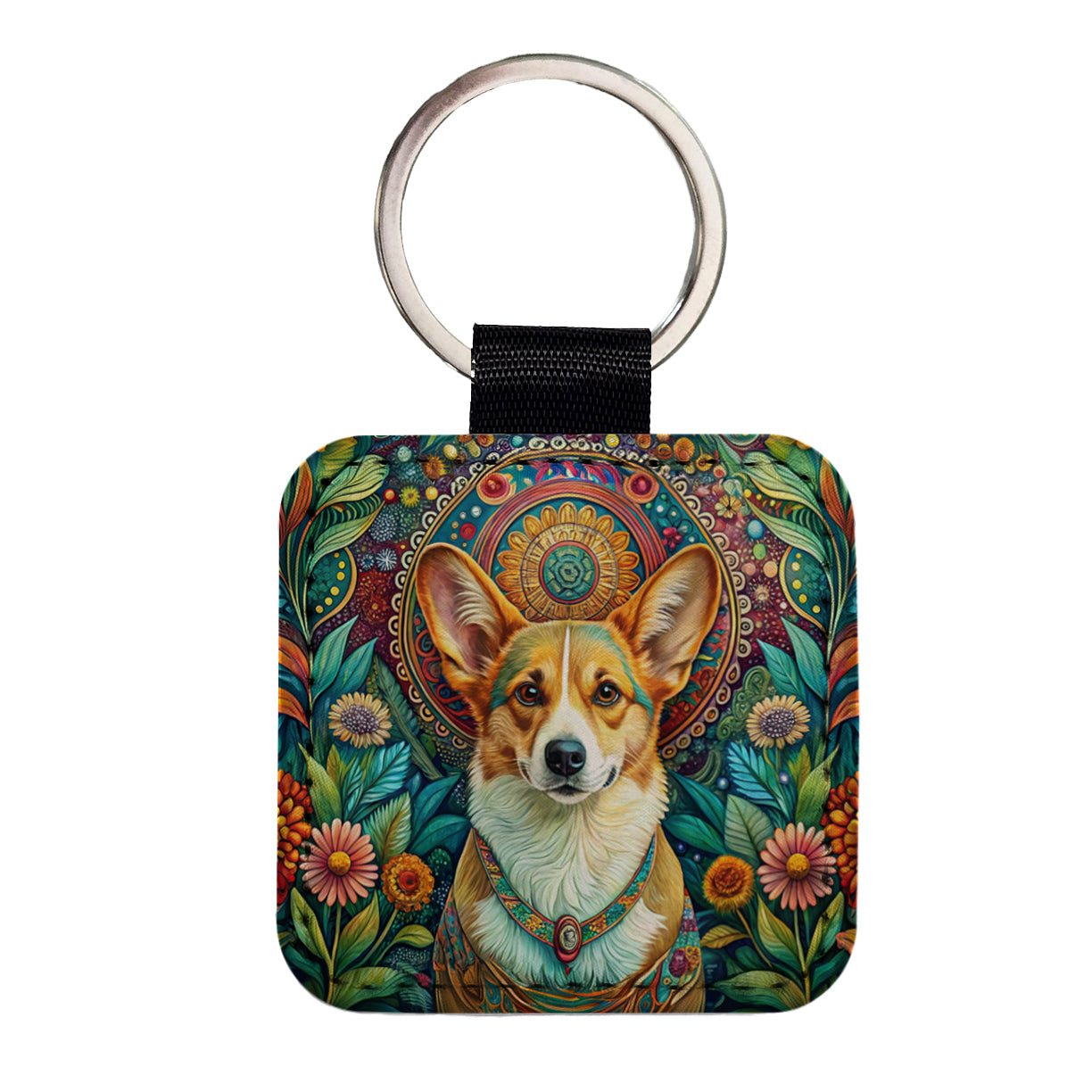 Pembroke Welsh Corgi Dog Bohemian Art Square Faux Leather Keychain