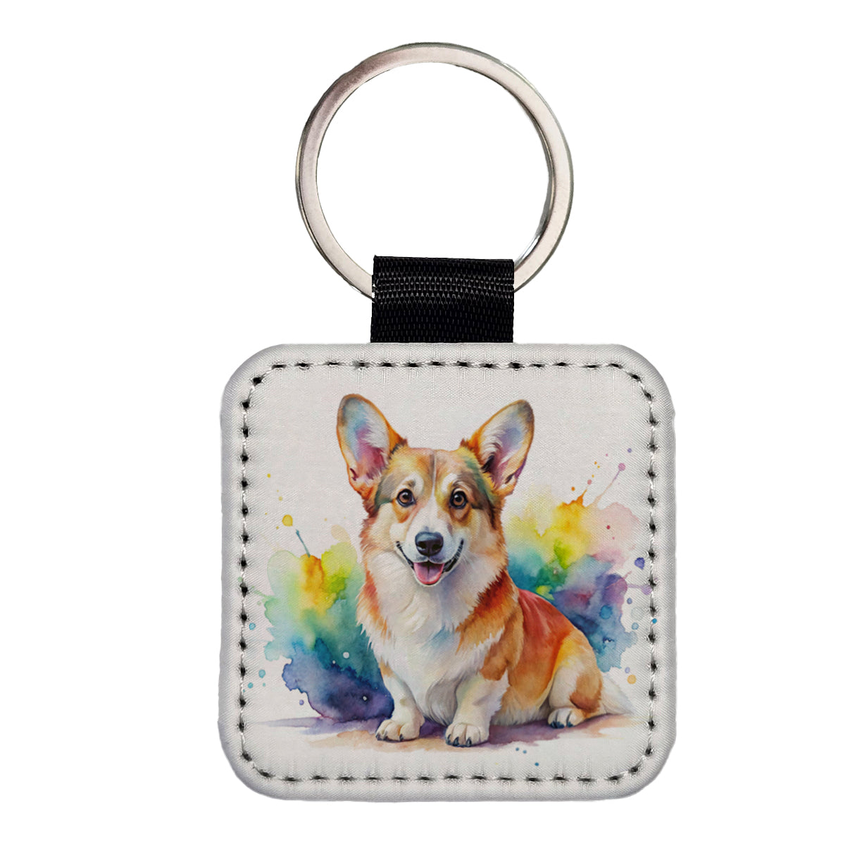 Pembroke Welsh Corgi Dog Watercolor Style Square Faux Leather Keychain