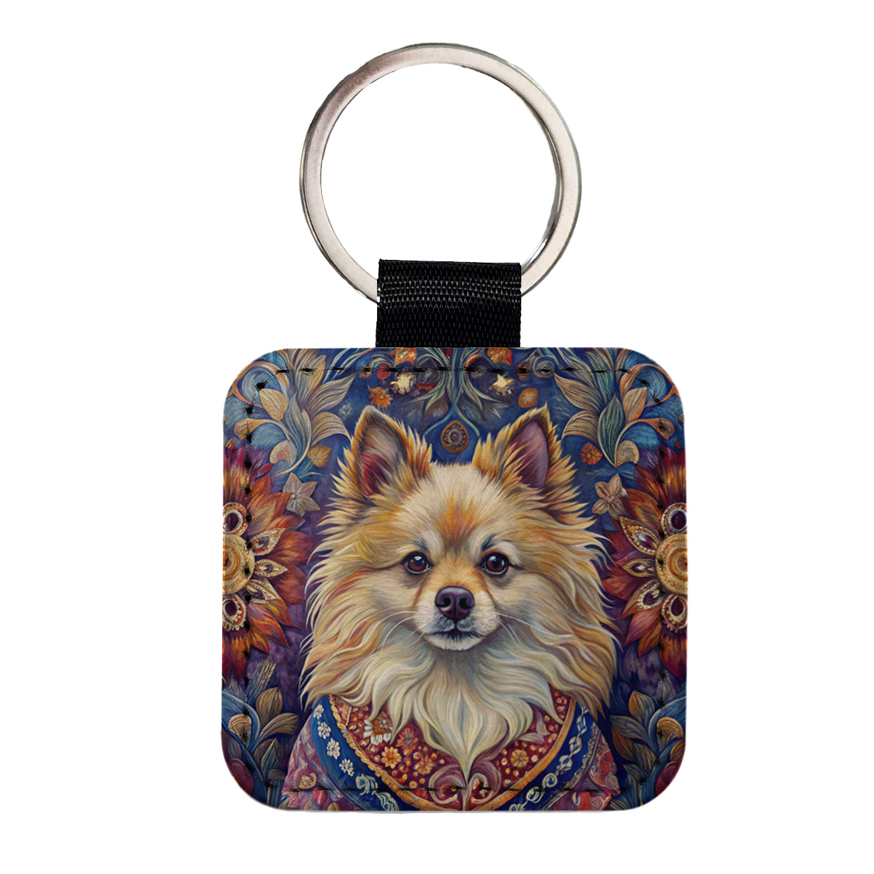 Pomeranian Dog French Bohemian Art Square Faux Leather Keychain
