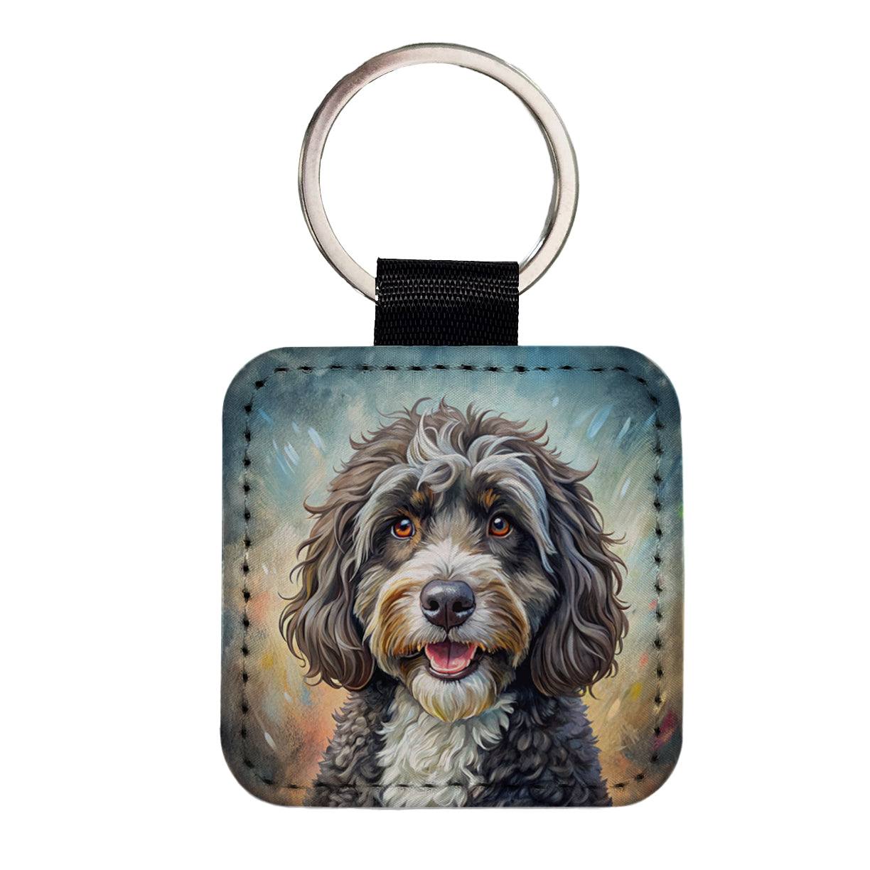Portuguese Water Dog Illustration Square Faux Leather Keychain
