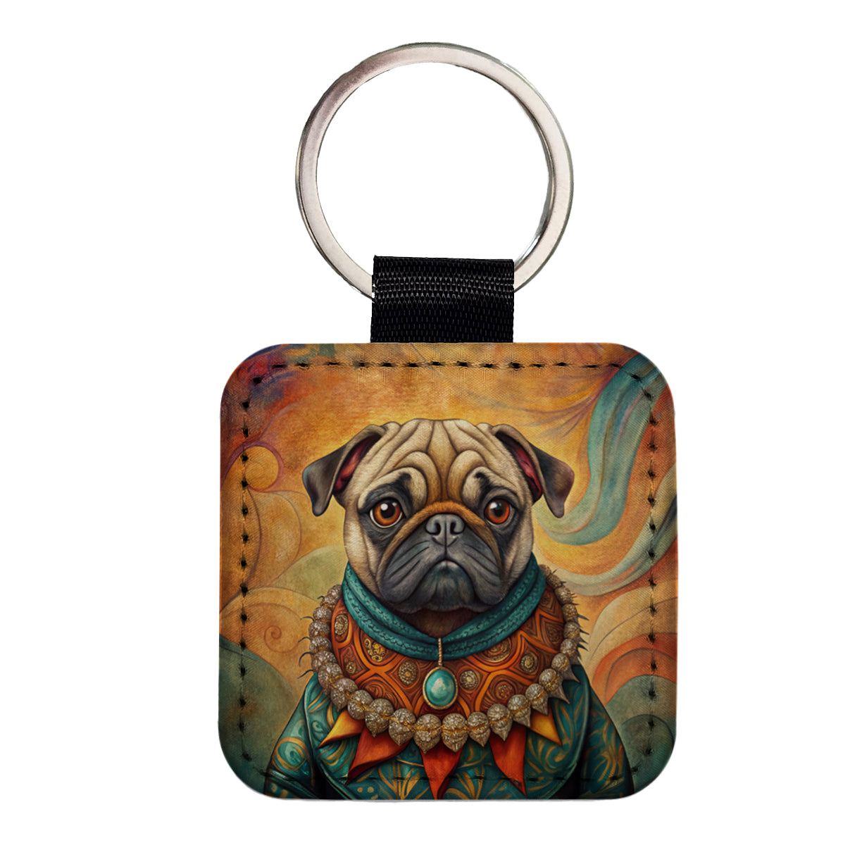 Pug Dog French Bohemian Art Square Faux Leather Keychain
