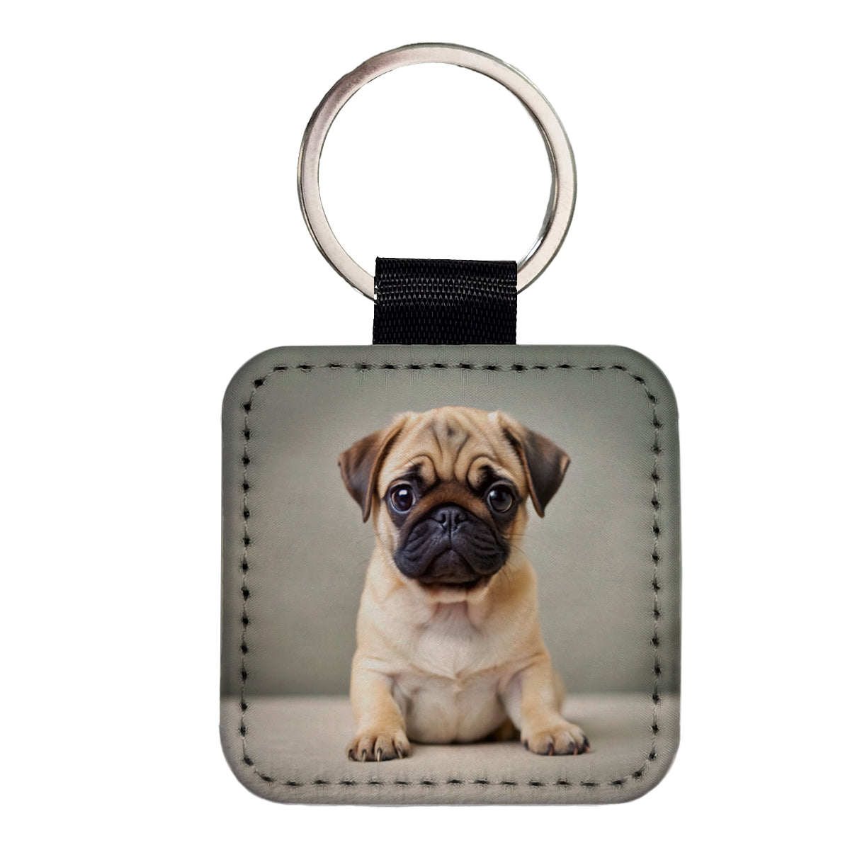 Pug Dog Puppy Photo Square Faux Leather Keychain