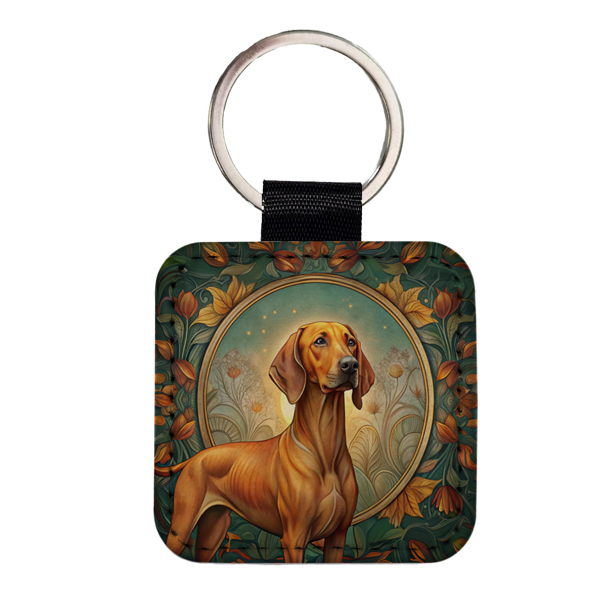 Rhodesian Ridgeback Dog Art Nouveau Square Faux Leather Keychain