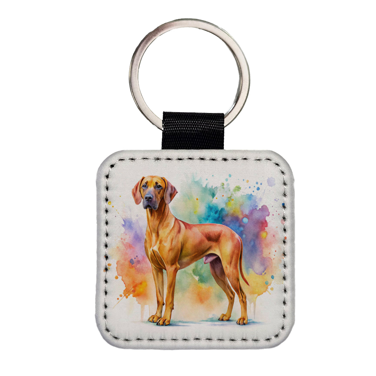 Rhodesian Ridgeback Dog Watercolor Style Square Faux Leather Keychain