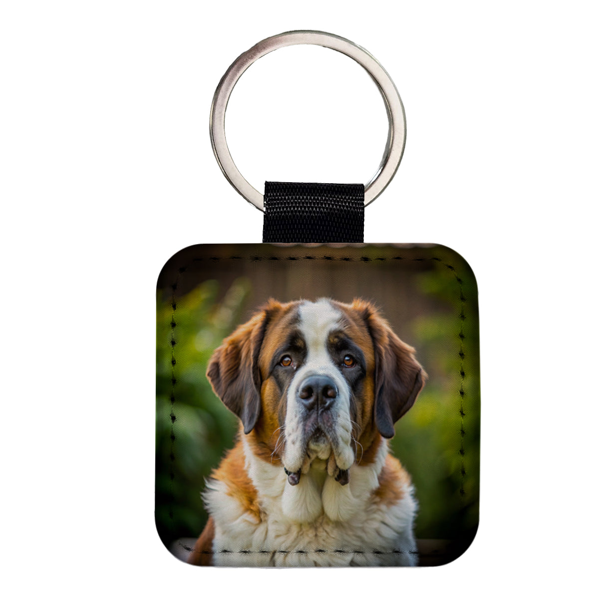 Saint Bernard Dog Photo Square Faux Leather Keychain