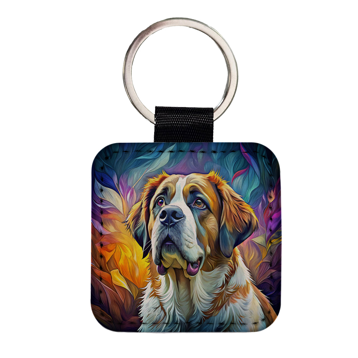 Saint Bernard Dog Pop Art Square Faux Leather Keychain