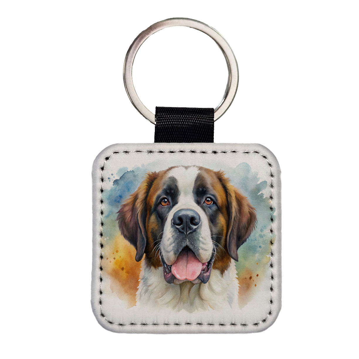 Saint Bernard Dog Watercolor Style Square Faux Leather Keychain