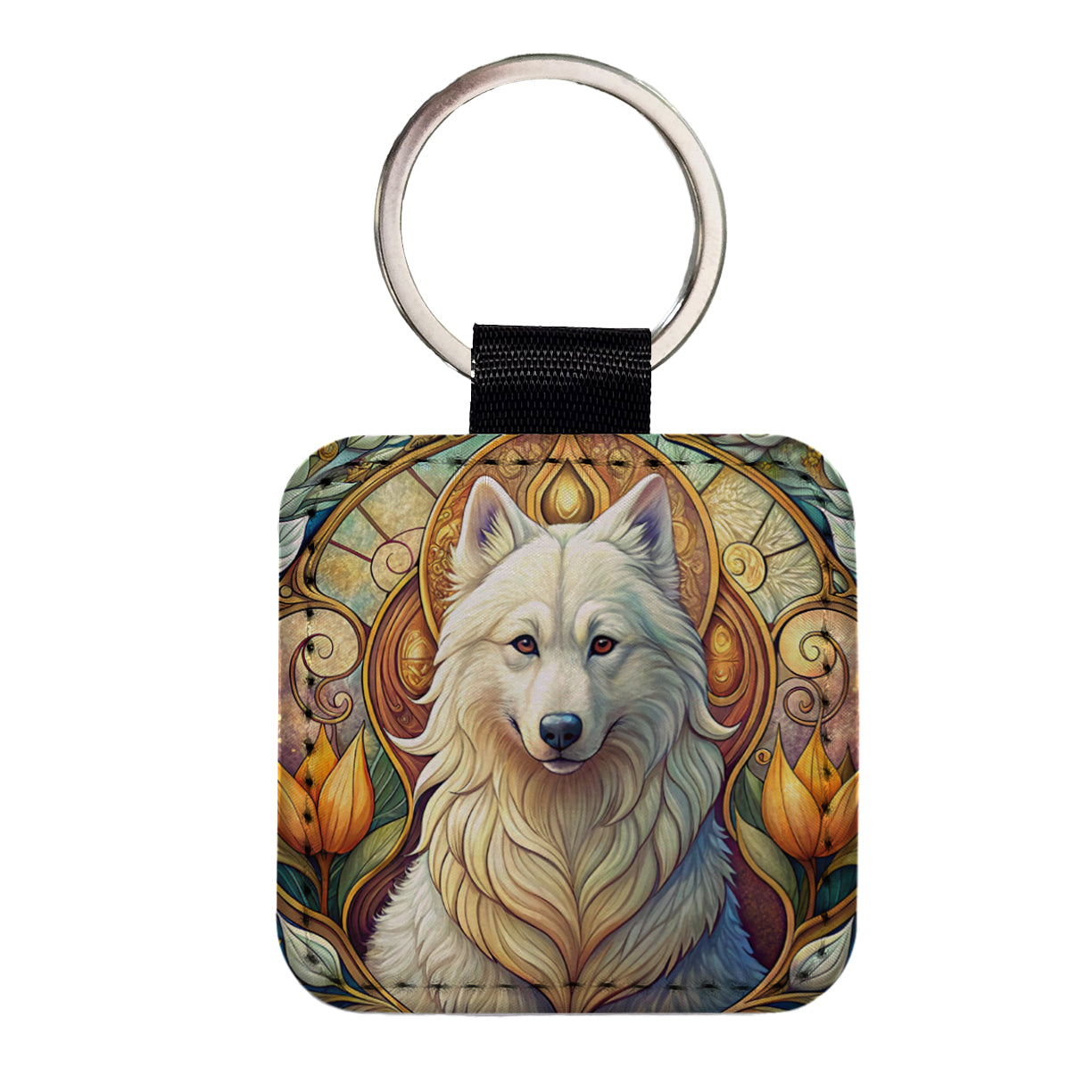 Samoyed Dog Art Nouveau Square Faux Leather Keychain