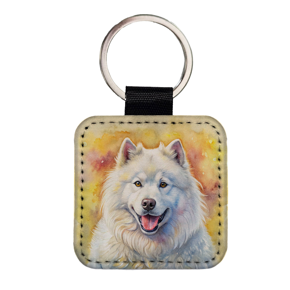Samoyed Dog Illustration Square Faux Leather Keychain