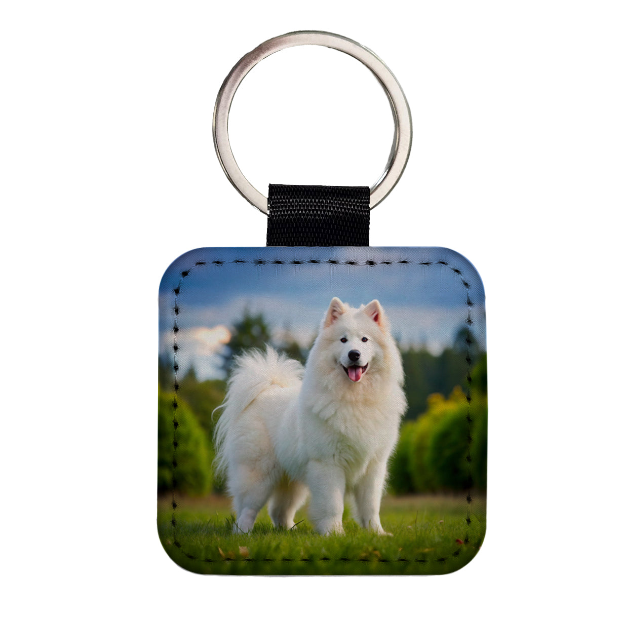 Samoyed Dog Photo Square Faux Leather Keychain