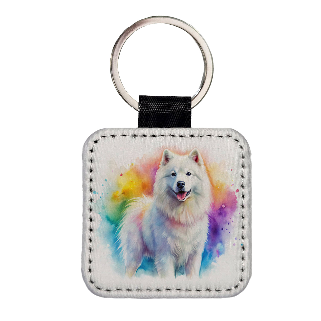 Samoyed Dog Watercolor Style Square Faux Leather Keychain