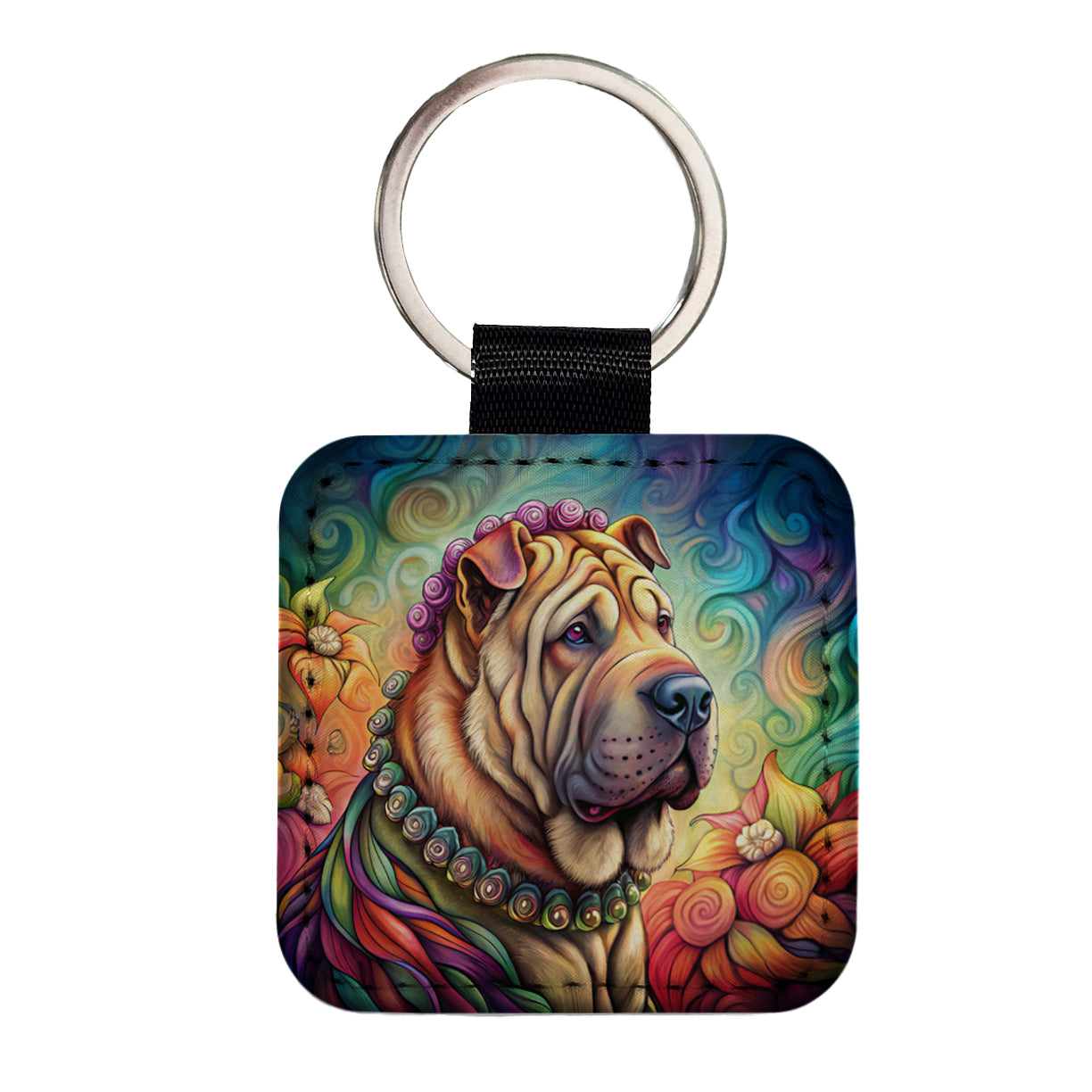 Shar Pei Dog French Bohemian Art Square Faux Leather Keychain