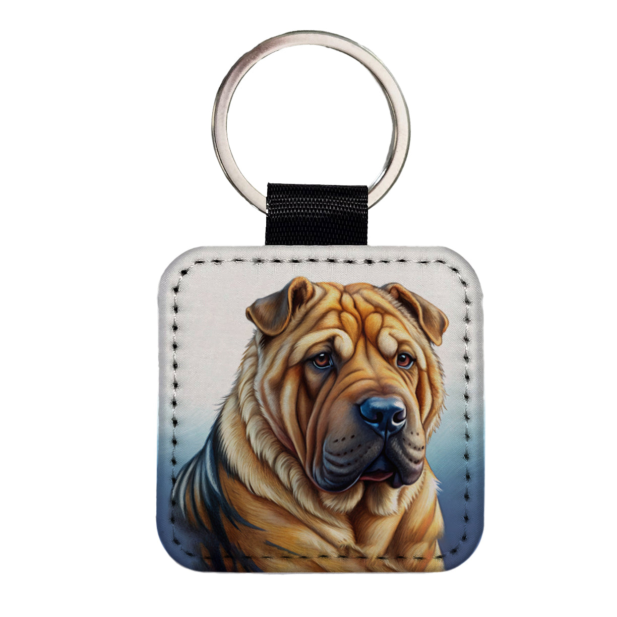 Shar Pei Dog Illustration Square Faux Leather Keychain